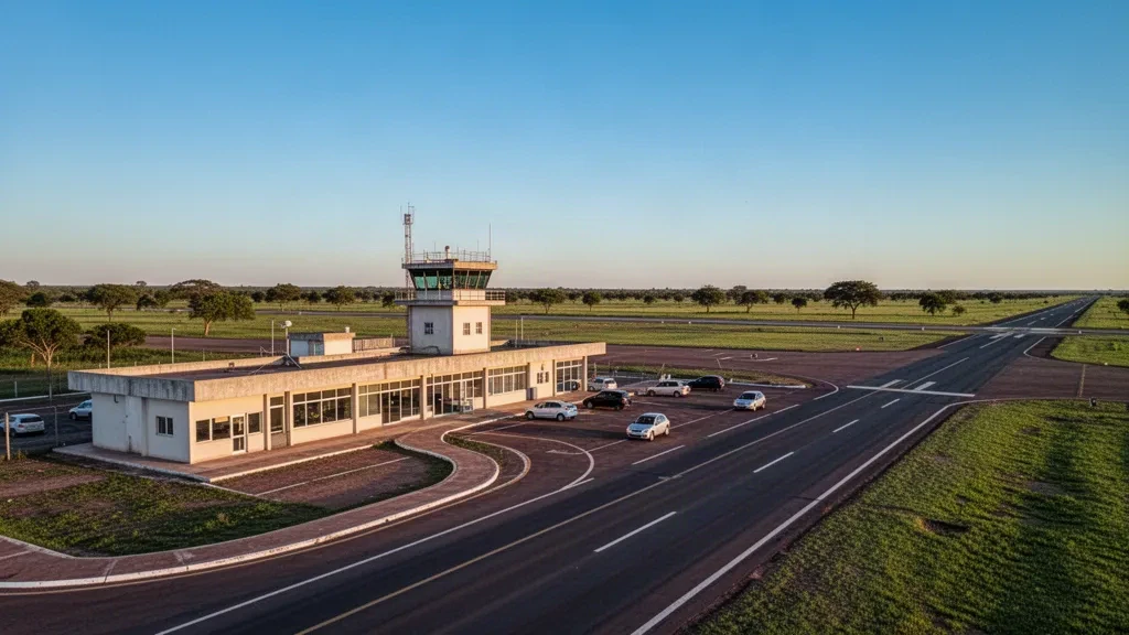 Regional airport terminal and runway at Curuzú Cuatiá Airport in Corrientes, Argentina during golden hour