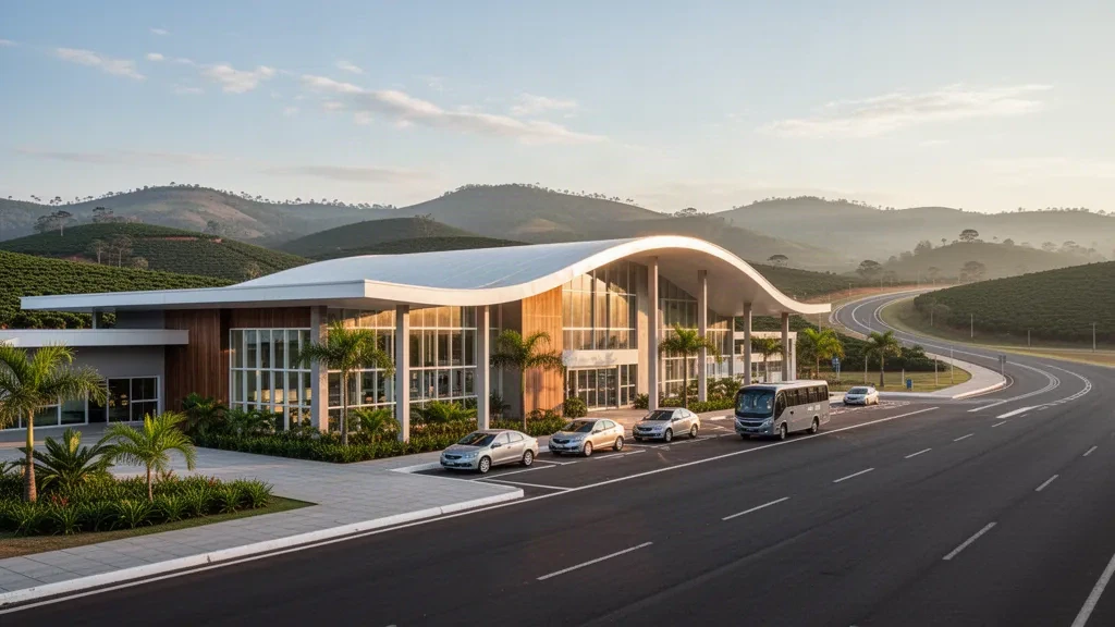 Modern terminal and drop-off lane at Major Brigadeiro Trompowsky Airport in Varginha, Minas Gerais, Brazil at golden hour