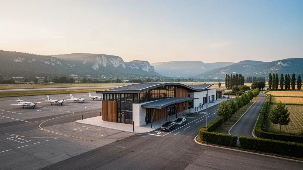 Terminal moderne en verre, tarmac et avions légers à l'aéroport de Valence-Chabeuil en France, encadrés par les collines de la vallée du Rhône à l'heure dorée.