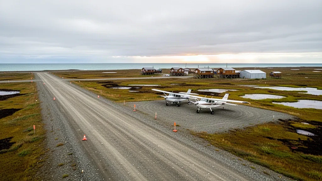Gravel runway and open tundra surrounding Chevak Airport in western Alaska beneath a soft overcast sky