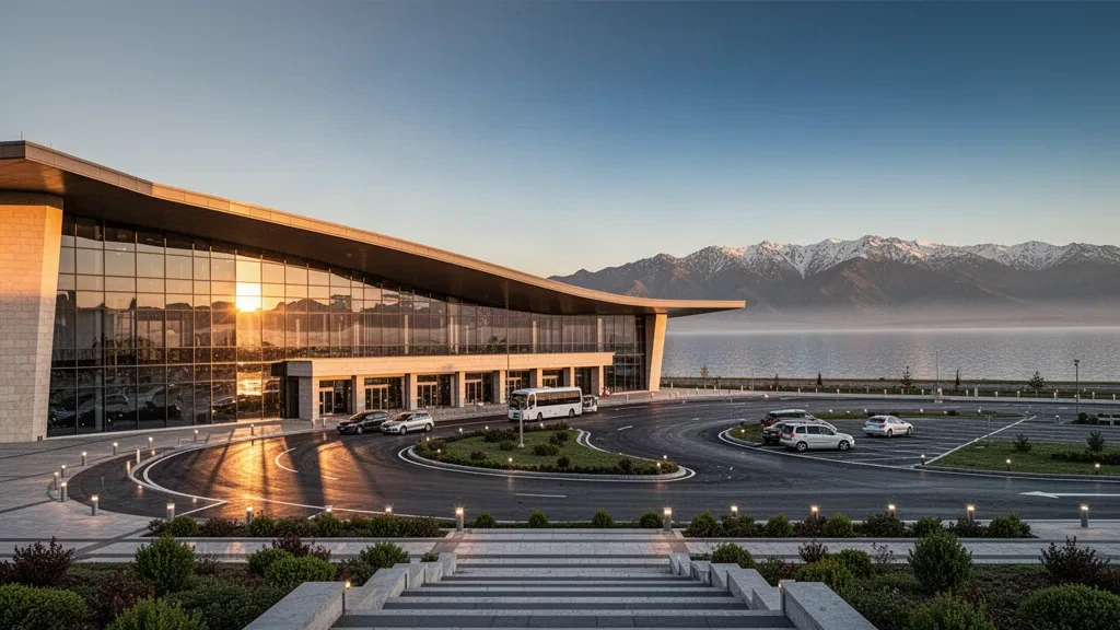 Exterior moderno de terminal acristalada en el aeropuerto Van Ferit Melen con carriles de descenso, el lago Van y montañas nevadas bajo la luz de la hora dorada