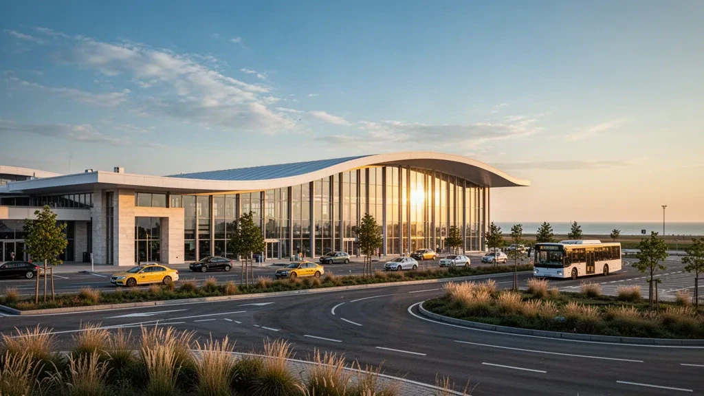 Terminal moderno in vetro e corsie di sosta per la riconsegna dei passeggeri all'aeroporto di Varna in Bulgaria, illuminate dalla calda luce dorata della costa
