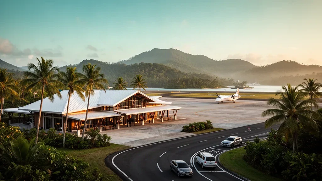 Terminal tropical y plataforma flanqueada por palmeras en el Aeropuerto Internacional de Vava'u en Tonga, con colinas verdes y luz de hora dorada
