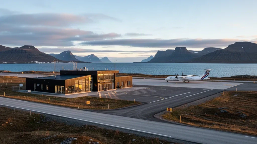 Aéroport de Vardø à Svartnes avec son petit terminal, sa piste côtière et son paysage arctique sous une lumière nordique dorée.