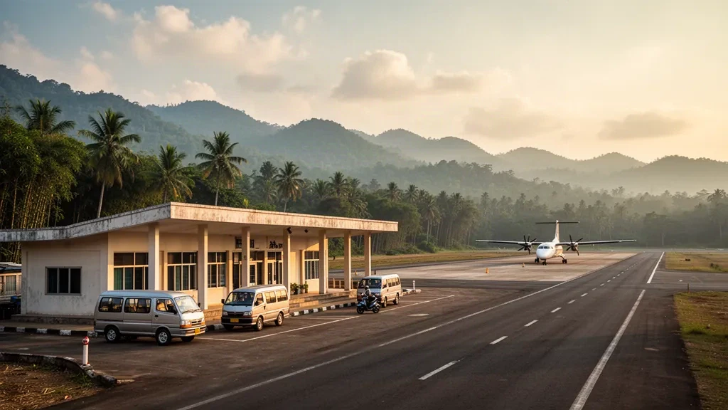 Pequeña terminal de aeropuerto regional en Ann, estado de Rakhine, Myanmar, con palmeras, colinas verdes y un turbohélice en la plataforma durante la hora dorada