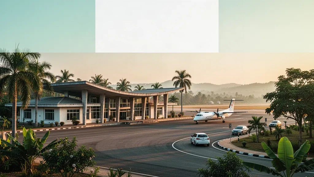 Blick zur goldenen Stunde auf den Flughafen Chanmyathazi in Mandalay mit seinem niedrigen Terminal, der geschwungenen Überdachung, dem Vorfeld und der tropischen Umgebung