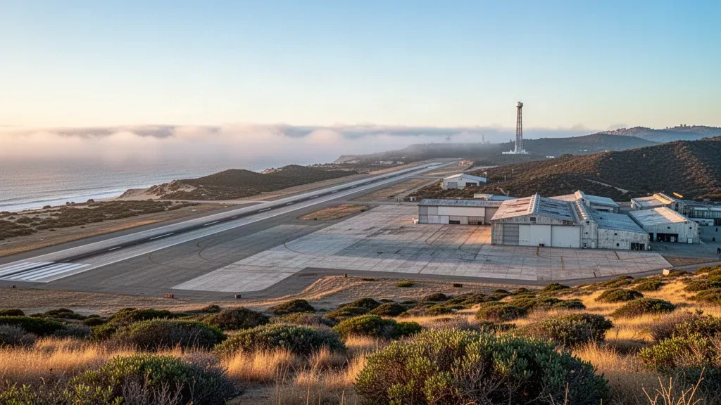 Pista di un aerodromo costiero della California, hangar e torre di lancio in lontananza vicino alla Vandenberg Space Force Base durante l'ora d'oro