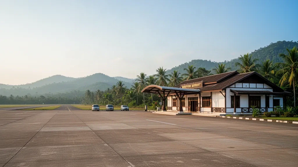 Terminal e pista dell'aeroporto di Bokpyinn nel Myanmar meridionale tropicale, luce dell'ora d'oro, cielo ampio e aperto per l'immagine di copertina del sito web.