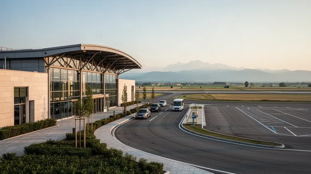 Moderner Terminal aus Glas und Stahl am Flughafen Brescia Gabriele d'Annunzio in Montichiari mit geschwungenem Vordach und Vorfahrspur zur goldenen Stunde