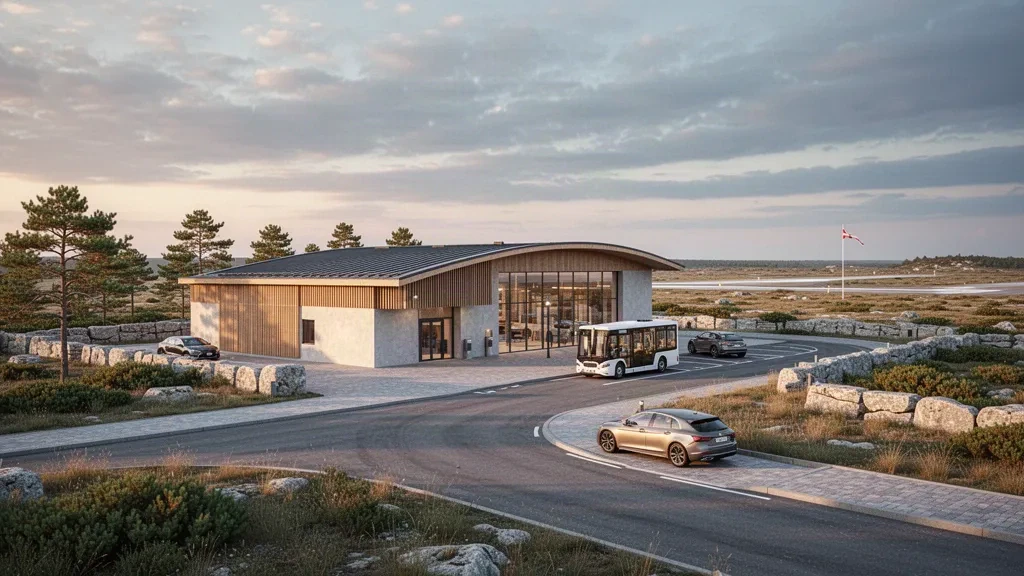 Modernes Terminal aus Glas und Holz am Flughafen Visby auf Gotland, Schweden, mit Zufahrtsstraße und Bringspur zur goldenen Stunde