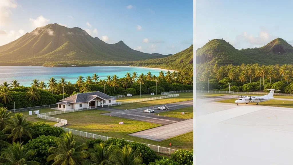 Piccola pista di atterraggio e terminal su un'isola tropicale circondati da palmeti e laguna turchese all'Aeroporto di Vanua Balavu nelle Fiji