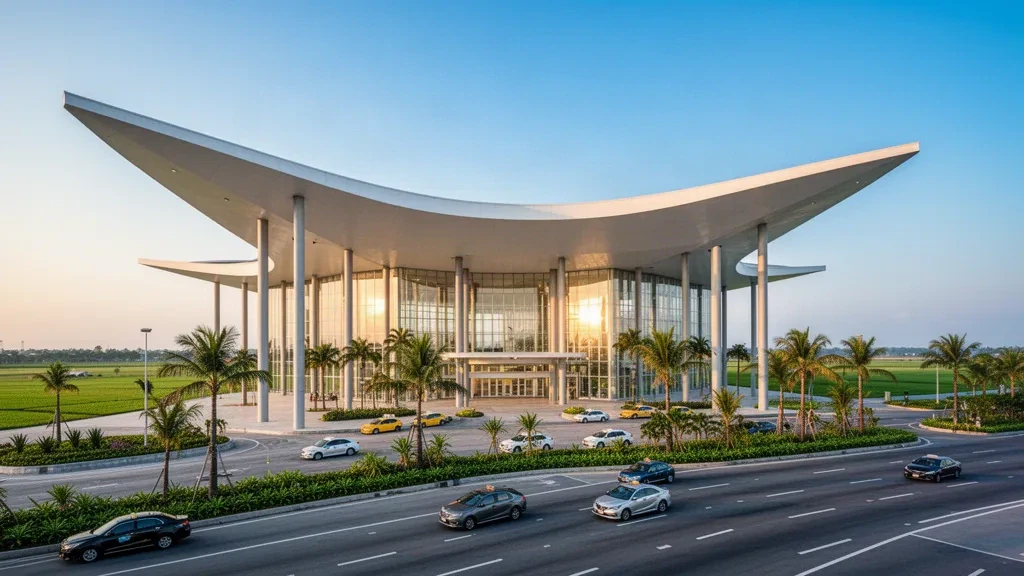 Vietnam'ın Mekong Deltası'ndaki Can Tho Uluslararası Havalimanı'nda altın saatlerde modern tropikal terminal binasının dış görünümü ve yolcu indirme şeridi