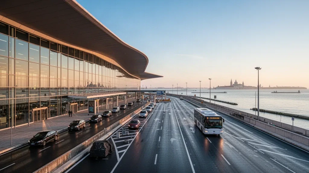Altın saatlerde lagünün yakınındaki Venedik Marco Polo Havalimanı'nda modern cam terminal cephesi ve yolcu indirme şeridi