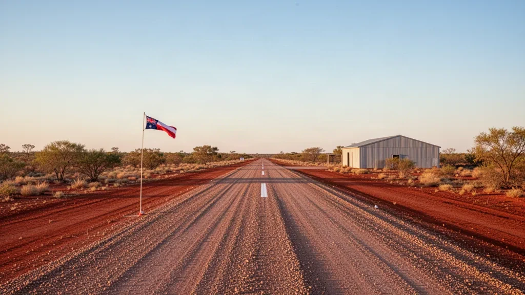 Northern Territory'nin ücra bölgesindeki Victoria River Downs Havalimanı'nda uzak çakıllı pist, kızıl toprak ve altın saat ışığı altında bir rüzgar tulumu.