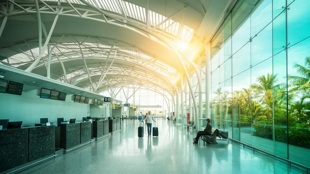 Sonnenbeschienene Abflughalle im Flughafen Viracopos International in Campinas, Brasilien, mit geschwungenem weißem Stahldach und Glaswänden