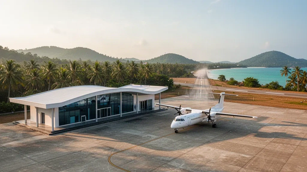 Vietnam'ın Con Son Adası'nda palmiye ağaçları ve yeşil tepelerle çevrili, apronunda turboprop uçak bulunan tropikal ada havalimanı terminali