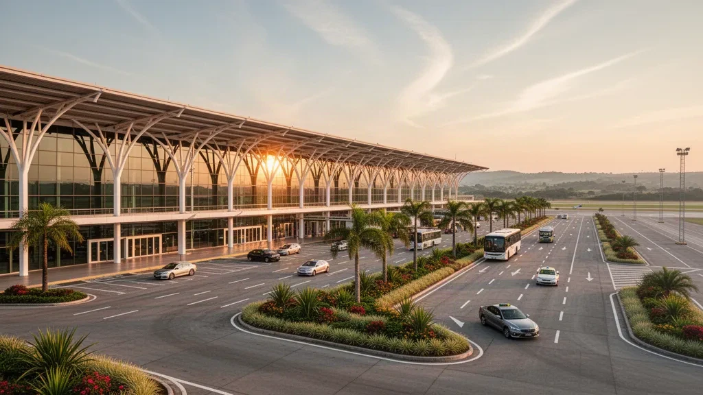 Brezilya'nın Campinas kentindeki Viracopos Uluslararası Havalimanı'nda sıcak altın saat ışığıyla parlayan modern cam terminal ve yolcu indirme şeritleri.