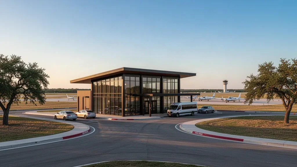 Modern glass terminal and curbside drop-off lanes at Victoria Regional Airport in Texas at golden hour