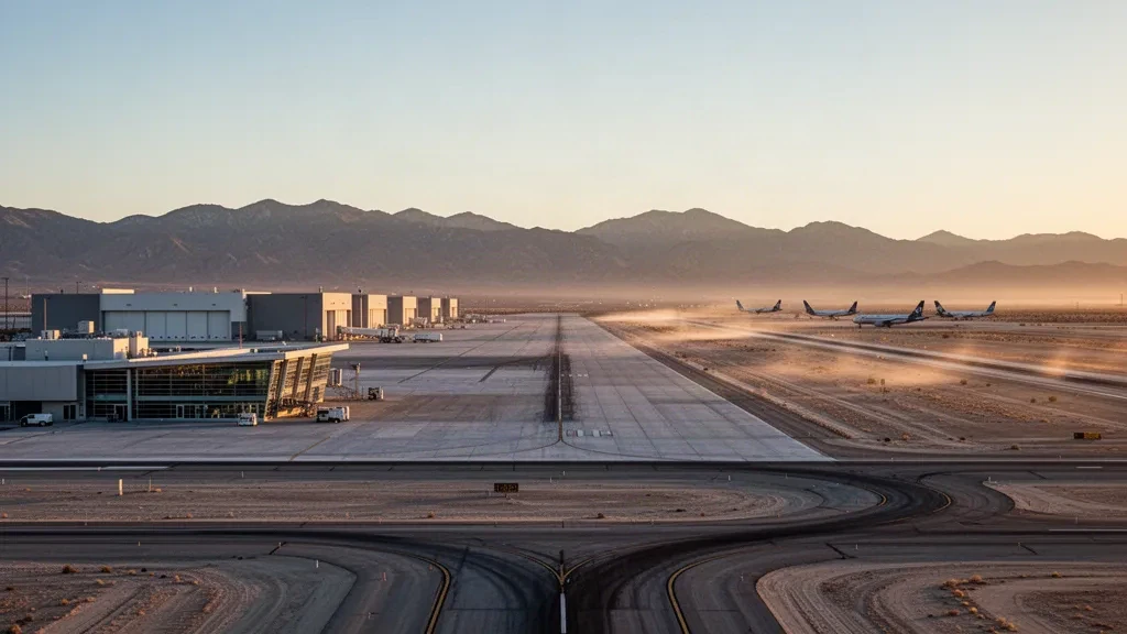 Golden-hour view of Southern California Logistics Airport in Victorville, with its desert runway, apron and cargo buildings beneath the Mojave mountains.