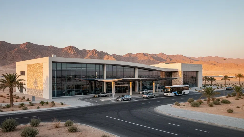 Modern glass terminal exterior at Ovda Airport in Israel's Negev desert, with access roads, cars and arid mountains at golden hour