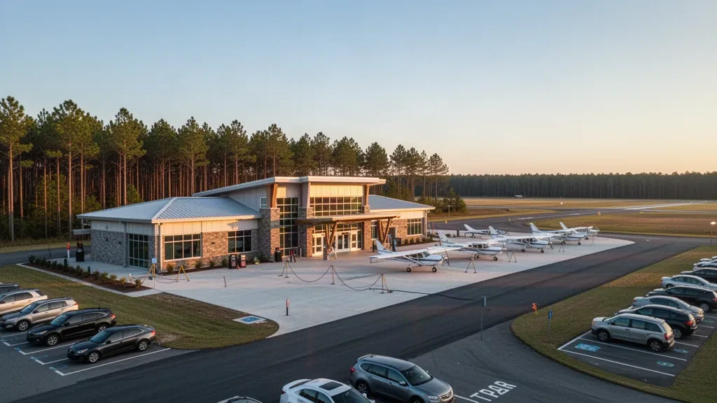 Modern terminal and quiet apron at Vidalia Regional Airport in Georgia with light aircraft at golden hour