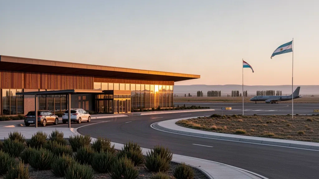 Vista durante la hora dorada de la terminal del Aeropuerto Gobernador Castello en Viedma, Patagonia, con un carril curvo de ascenso y descenso y un jet en la plataforma