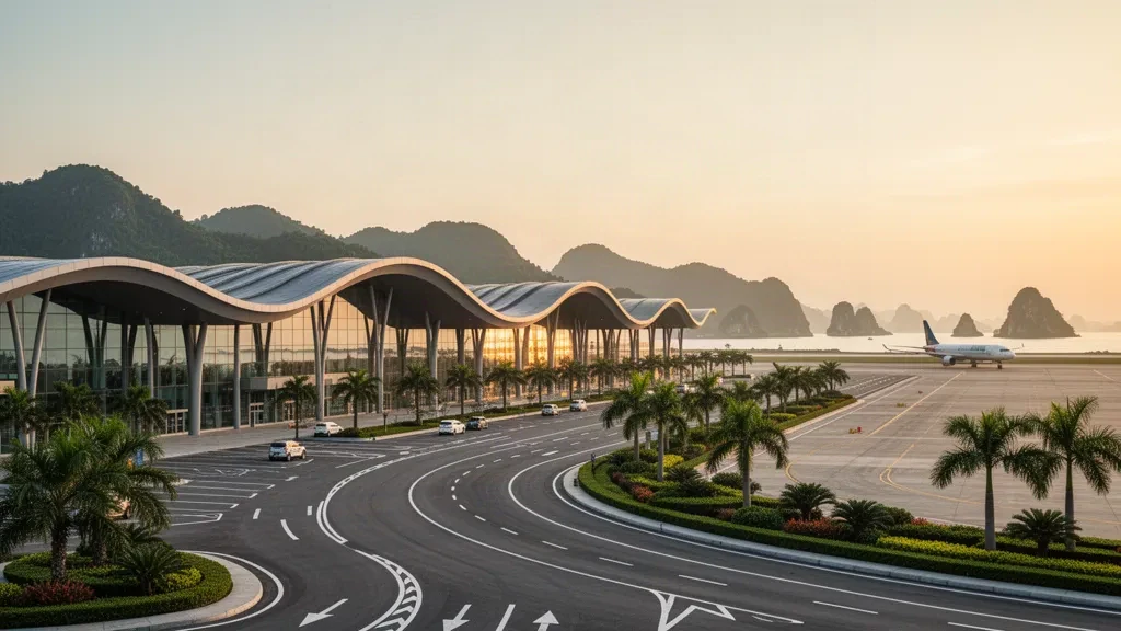 Modern glass terminal with curved roof at Van Don International Airport in Quang Ninh, Vietnam, lit by warm golden hour light