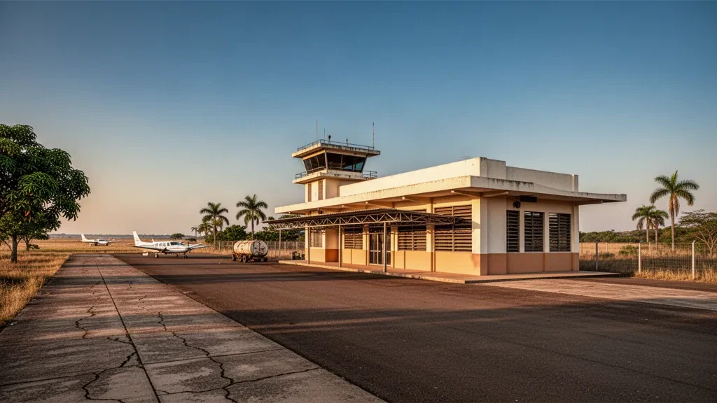 Terminal de faible hauteur et tarmac de l'aéroport de Valle de La Pascua au Venezuela, entourés de la savane des Llanos sous une lumière chaude d'après-midi