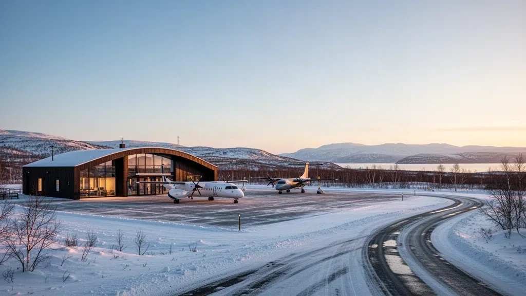 Terminal de l'aéroport de Vadsø et toundra arctique enneigée sous une faible lumière hivernale dans le Finnmark, en Norvège