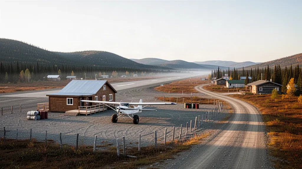 Pequeña avioneta de bush estacionada junto a una pista de grava en un aeródromo de una aldea remota de Alaska cerca de Venetie durante la hora dorada