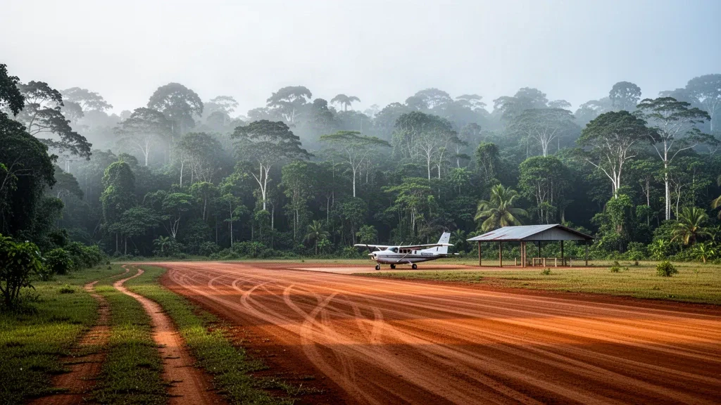 Abgelegene Regenwald-Piste am Flughafen Maikwak in Guyana mit einem kleinen Mehrzweckflugzeug und Morgennebel über dichtem tropischem Blätterdach