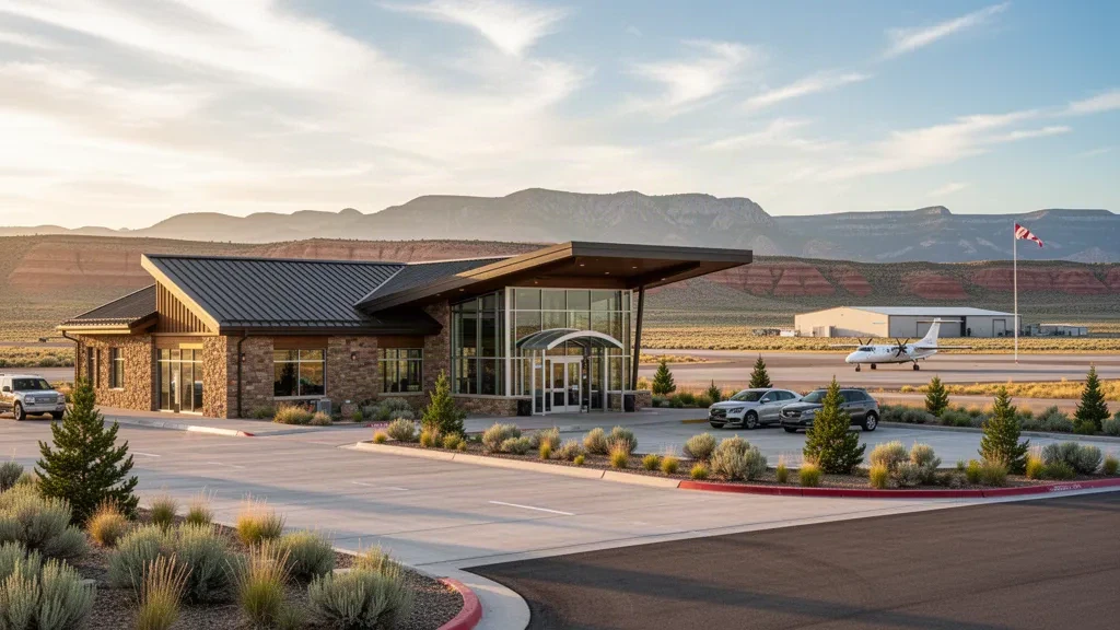 Pequeña terminal de aeropuerto regional en Vernal, Utah, con carril de descenso, aeronave turbohélice y vistas a las montañas a la hora dorada
