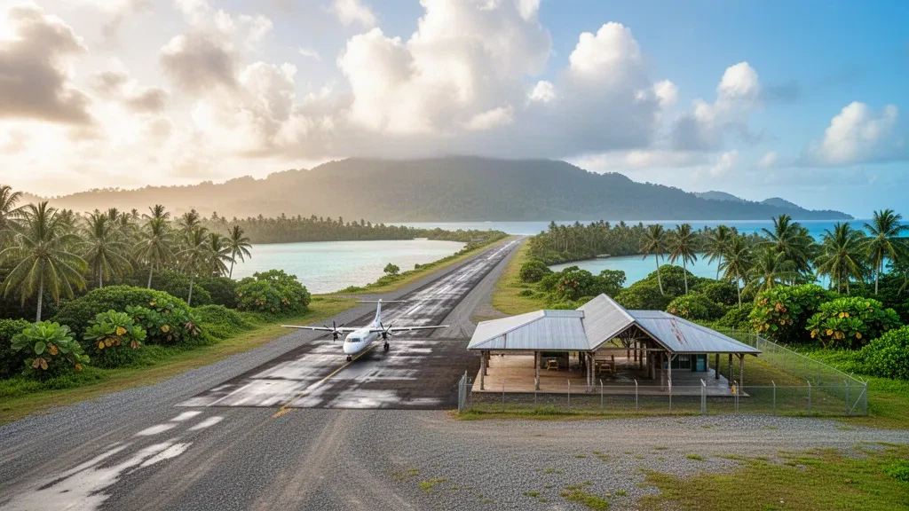 Pista de aterrizaje tropical en el aeropuerto de Barakoma, en Vella Lavella, Islas Salomón, rodeada de palmeras con el océano turquesa al fondo