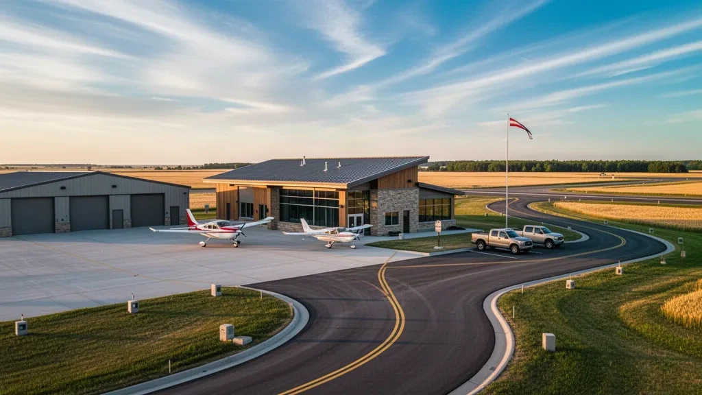 Goldene Stunde am Tioga Municipal Airport in North Dakota mit Terminal, Hangars, Vorfeld und einem Kleinflugzeug in der Prärie.