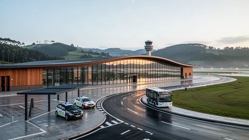 Terminal moderne en verre et zone de dépose incurvée à l'aéroport de Vigo en Galice, Espagne, baignés dans une chaude lumière dorée atlantique