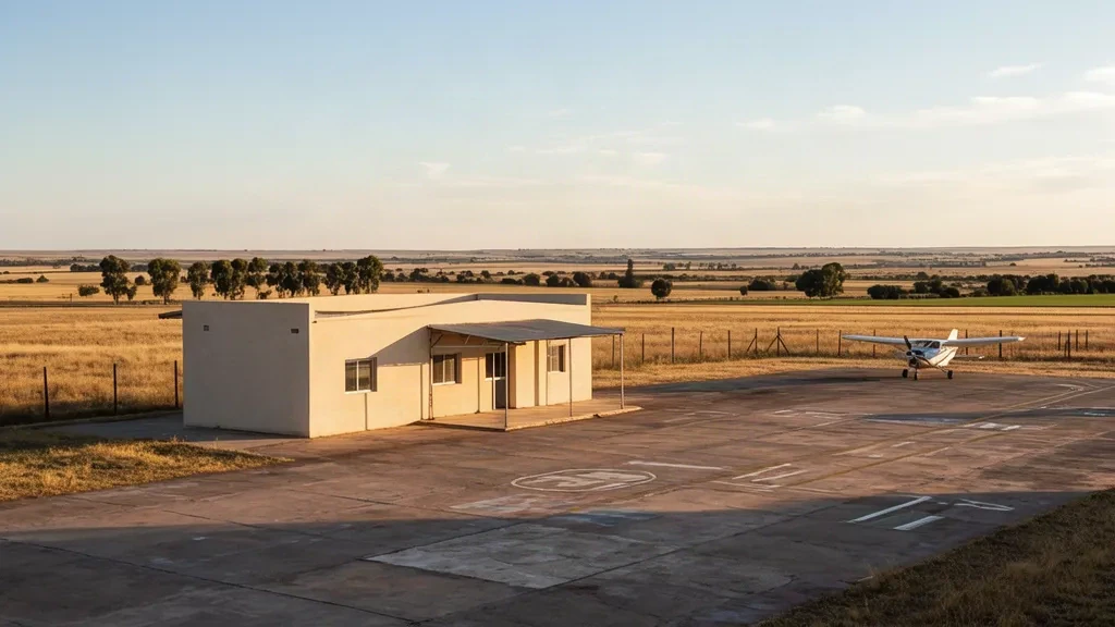 Niedriges Terminalgebäude und ein geparktes Leichtflugzeug auf dem Vorfeld des Flughafens General Villegas in der argentinischen Pampa in der Abenddämmerung