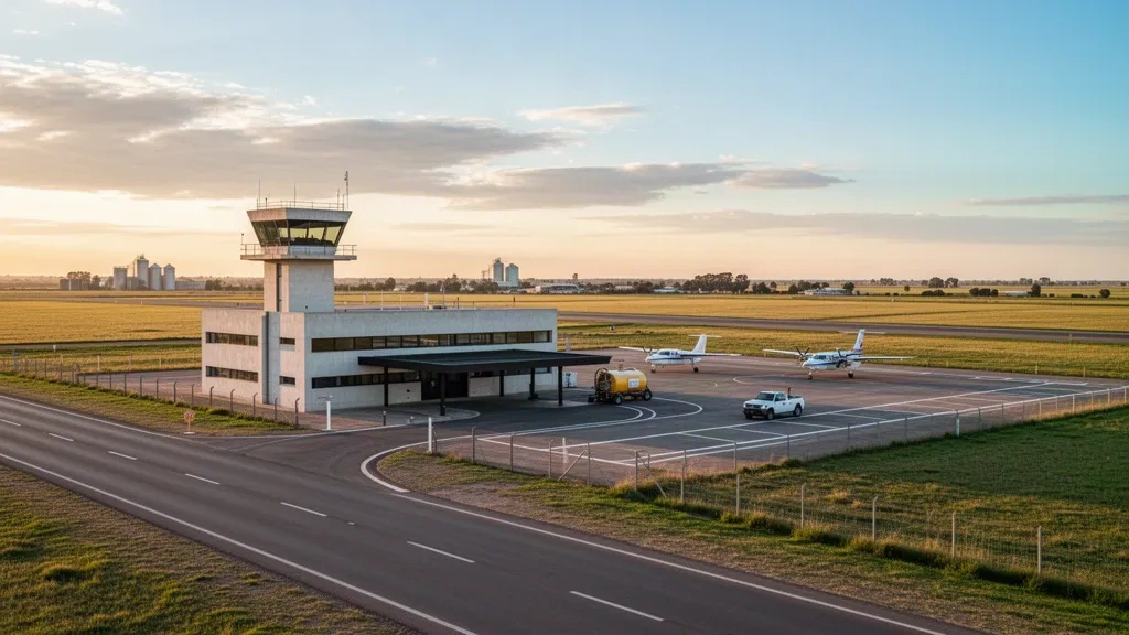 Vista durante la hora dorada del Aeropuerto General Villegas en Argentina, con una terminal baja, torre de control y una aeronave ligera junto a tierras de cultivo pampeanas