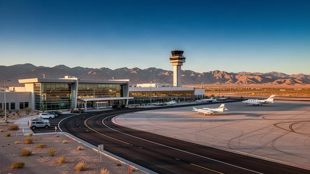 Terminal de l'aéroport de North Las Vegas et tarmac avec avions, montagnes désertiques au coucher du soleil dans le Nevada