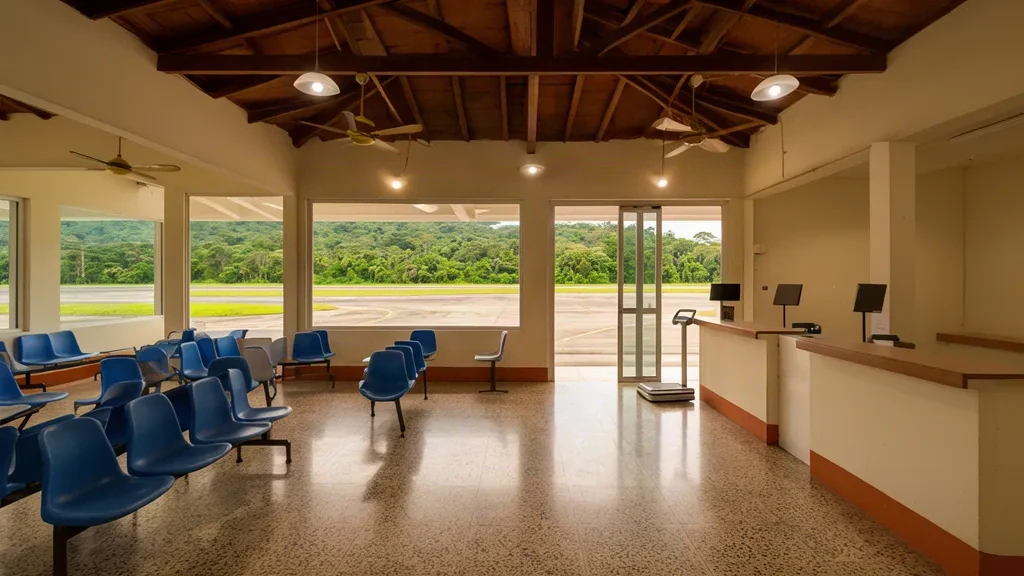 Interior of Villa Garzón Airport terminal in Putumayo, Colombia, with check-in counters and waiting area under tropical daylight.