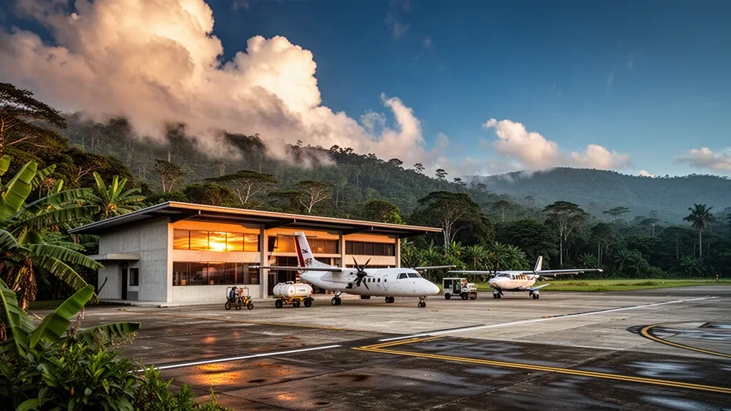 Petit terminal d'aéroport régional à Villa Garzón dans le Putumayo, en Colombie, entouré de la forêt amazonienne à l'heure dorée