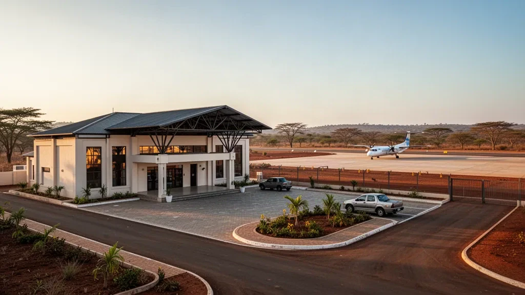 Low-rise Saurimo Airport terminal in Lunda Sul, Angola, with a parked turboprop aircraft on the apron in warm late-afternoon light