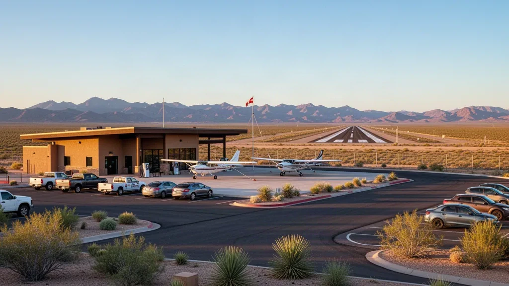 Terminal per aviazione generale nel deserto, piazzale e pista all'aeroporto di Culberson County a Van Horn, Texas, con luce calda dell'ora d'oro