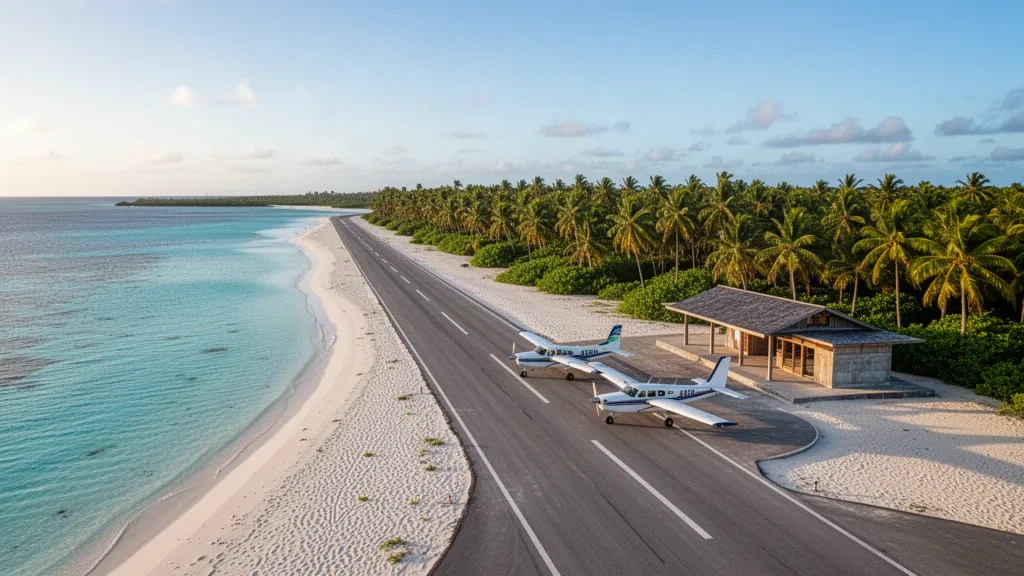 Start- und Landebahn des Flughafens Vahitahi und türkisfarbene Lagune auf dem Vahitahi-Atoll, Französisch-Polynesien, mit Palmen und einem kleinen Terminal zur goldenen Stunde.