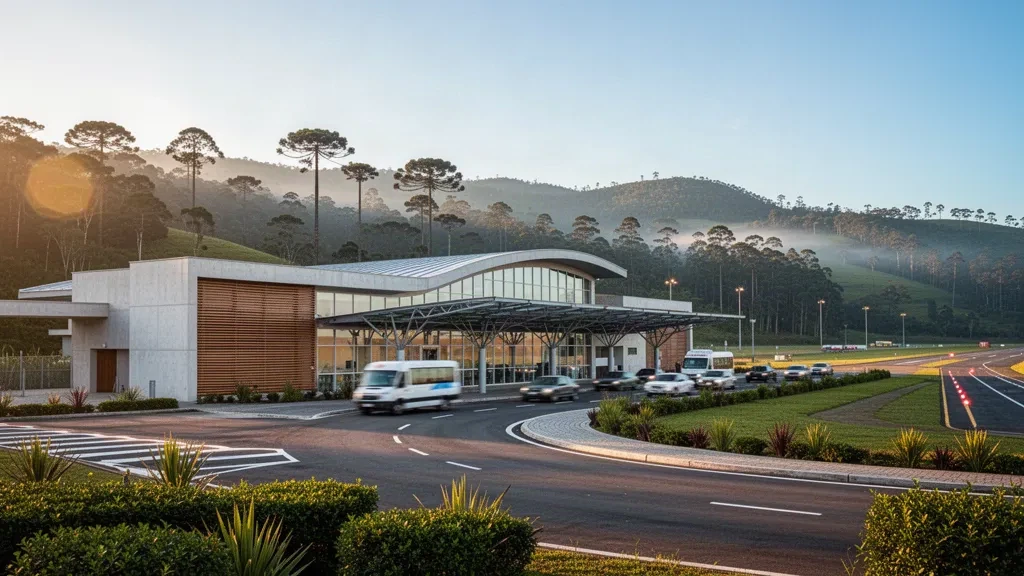 Videira, Santa Catarina'da altın saatlerde Araucaria çamlarıyla çevrili, kavisli bırakma şeridine sahip modern cam havalimanı terminali