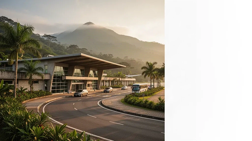 Warm late-afternoon view of the Juan Pablo Pérez Alfonso Airport terminal in El Vigía, Venezuela, framed by tropical Andean foothills