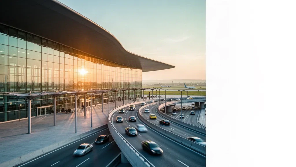 Terminal moderno de cristal y tejado curvo en el Aeropuerto Internacional de Viena con carriles de descenso iluminados a la hora dorada