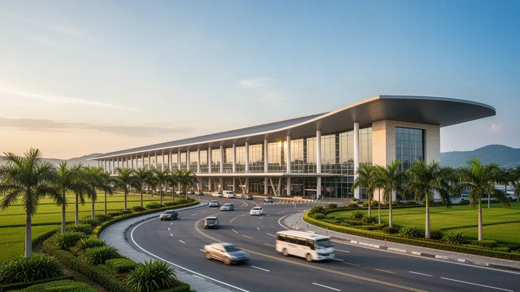 Esterno moderno del terminal in vetro dell'Aeroporto di Vinh in Vietnam con strade d'accesso curve, palme tropicali e luce dell'ora d'oro