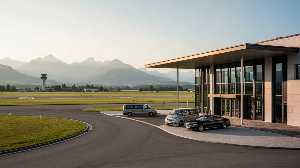 Modern glass VIP terminal and drop-off lane at Payerne Air Base in Switzerland under warm golden-hour light