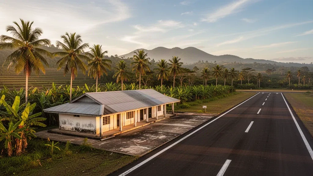 Flaches Terminal und kurze tropische Startbahn am Flughafen Viqueque in Timor-Leste, eingerahmt von Palmen und grünen Hügeln zur goldenen Stunde.