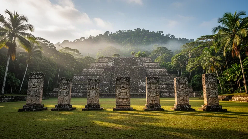 Antiche stele maya e piramidi in pietra a gradoni di Copán Ruinas circondate dalla foresta tropicale in Honduras
